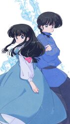  1boy 1girl absurdres artist_name black_hair black_pants blue_dress bow braid braided_ponytail chinese_clothes crossed_arms dress en_0410 hair_bow highres long_hair long_sleeves pants pink_bow ranma_1/2 saotome_ranma simple_background single_braid tendou_akane twitter_username 