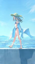  1girl balancing bikini blue_bikini blue_sky blush breasts closed_eyes dnamaguro full_body gakuen_idolmaster grey_hair hat highres horizon idolmaster long_hair ocean outdoors outstretched_arms shinosawa_hiro sky small_breasts smile solo spread_arms summer sun_hat sunlight swimsuit water 