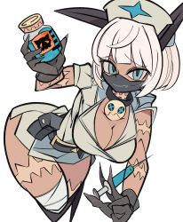  1girl animal_ears belt belt_buckle belt_pouch blue_eyes bob_cut bottle breasts buckle cat_ears cat_girl cleavage collar cosplay cropped_legs cxdotchison facing_viewer gloves hat highres large_breasts leaning_forward leg_wrap looking_at_viewer mask mouth_mask ms._fortune_(skullgirls) neck_bell nurse_cap pouch scar short_hair skullgirls solo surgical_mask syringe valentine_(skullgirls) valentine_(skullgirls)_(cosplay) white_background white_hair 