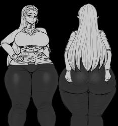 1girl ass black_background black_pants breasts butt_crack curvy female_focus fladdykin gloves gluteal_fold grabbing_own_ass highres huge_ass large_breasts long_hair monochrome nintendo pants pantylines pointy_ears princess_zelda sketch solo sweat the_legend_of_zelda the_legend_of_zelda:_breath_of_the_wild thick_thighs thighs tight_clothes tight_pants very_long_hair wide_hips rating:Questionable score:56 user:JustHere4Tits