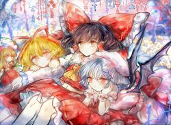  4girls :3 bat_wings black_hair blonde_hair blue_hair blush bow cloud crescent detached_sleeves dress expressionless feet_out_of_frame flower hair_tubes hakurei_reimu hat head_on_hands heart highres knees lily_of_the_valley long_hair medicine_melancholy midriff mini_person minigirl mob_cap multiple_girls navel on_bed pink_dress railing red_bow red_dress red_eyes red_ribbon red_shirt red_skirt remilia_scarlet ribbon sanuo shirt short_hair skirt star_(symbol) su-san tassel touhou wings 