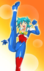  1girl :d allenby_beardsley blue_bodysuit blue_hair bodysuit bow breasts clenched_hand commentary_request fang fang_out g_gundam green_eyes gundam leg_up looking_at_viewer mecha_pilot_suit medium_breasts mobile_trace_suit multicolored_bodysuit onnaski open_mouth short_hair simple_background single_thighhigh skin_tight smile solo standing standing_on_one_leg thighhighs tongue 