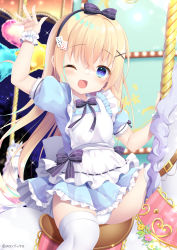  1girl absurdres alice_(alice_in_wonderland) alice&#039;s_adventures_in_wonderland apron arm_up blonde_hair blue_dress blue_eyes blue_panties bow cameltoe card carousel dress female_focus hair_bow hair_ornament highres loli long_hair looking_at_viewer one_eye_closed open_mouth original panties pantyshot playing_card polka_dot polka_dot_panties ribbon riding short_dress short_sleeves sitting smile solo spread_legs straddling thighhighs thighs underwear upskirt waving white_apron white_thighhighs wrist_cuffs yukimura_usagi  rating:Questionable score:72 user:danbooru