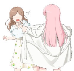  2girls anglediana bang_dream! bang_dream!_it&#039;s_mygo!!!!! chihaya_anon coat commentary_request flashing floral_print highres jewelry long_hair multiple_girls nagasaki_soyo necklace open_clothes open_coat pink_hair shirt sidelocks simple_background white_background white_shirt 