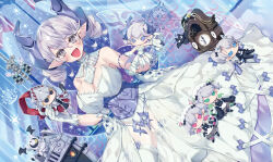  1girl 3others arianna_the_labrynth_servant arianne_the_labrynth_servant arias_the_labrynth_butler banner blush breasts cleavage demon_girl demon_horns demon_wings detached_collar dress drill_hair duel_monster gloves grey_corset grey_eyes hair_between_eyes highres holding holding_stuffed_toy horns knight_(yu-gi-oh!) labrynth_chandraglier labrynth_cooclock labrynth_stovie_torbie large_breasts looking_at_viewer lovely_labrynth_of_the_silver_castle multiple_others nakazawa_aki open_mouth pointy_ears smile strapless strapless_dress stuffed_toy thighhighs transparent_wings twin_drills white_dress white_gloves white_hair white_thighhighs wings yu-gi-oh! 