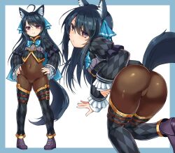  1girl ahoge animal_ear_fluff animal_ears argyle_clothes argyle_legwear argyle_shirt argyle_thighhighs ass black_footwear black_hair black_shrug blush bodystocking bodysuit borrowed_character breasts brown_bodysuit cat_ears cat_girl chest_belt commission covered_navel detached_pants gold_trim gradient_eyes hair_ribbon hands_on_own_hips impossible_bodysuit impossible_clothes long_hair long_sleeves looking_at_viewer multicolored_eyes original presenting presenting_ass red_eyes ribbon see-through_bodystocking shiro_maru shrug_(clothing) simple_background small_breasts smile solo standing svartlilja_(vrchat) tail vrchat 