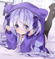  1girl absurdres amamiya_shizuku_(hizuki_yayoi) animal animal_ears animal_hood black_thighhighs blue_bow blue_eyes blue_hair blue_jacket blurry blurry_background blush bow chinchilla_(animal) closed_mouth collarbone commentary_request depth_of_field double_bun fake_animal_ears hair_between_eyes hair_bow hair_bun hands_up highres hizuki_yayoi hood hood_up hooded_jacket jacket legs_up long_hair long_sleeves looking_at_viewer lying no_shoes on_stomach original puffy_long_sleeves puffy_sleeves shirt sleeves_past_wrists smile soles solo thighhighs two_side_up very_long_hair wavy_mouth white_shirt  rating:General score:2 user:danbooru