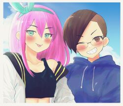  2girls :p ;d aqua_eyes aqua_hairband asymmetrical_hair aubrey_(faraway)_(omori) aubrey_(omori) black_sailor_collar black_tank_top blue_hoodie blue_sky blush border bow_hairband breasts brown_eyes brown_hair cloud collarbone commentary_request crop_top day dot_nose double-parted_bangs drawstring earrings grey_border grin hair_behind_ear hair_between_eyes hairband head_tilt highres hood hood_down hoodie jacket jewelry kim_(omori) long_hair looking_at_viewer medium_breasts multiple_girls no_sclera omori one_eye_closed open_clothes open_jacket open_mouth outdoors pokoponpen sailor_collar short_hair side-by-side sidecut single_bare_shoulder sky smile straight_hair stud_earrings swept_bangs tank_top tongue tongue_out undercut upper_body very_short_hair white_jacket 