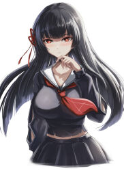  1girl arm_cutout black_hair black_shirt black_skirt blush breasts bright_pupils chisa_(wuthering_waves) closed_mouth collarbone commentary hair_ribbon hand_up highres large_breasts long_hair looking_at_viewer midriff_peek mole mole_under_eye neckerchief red_eyes red_neckerchief red_ribbon ribbon sailor_collar school_uniform serafuku shirt simple_background skirt skyde_kei solo white_background white_pupils white_sailor_collar wuthering_waves 