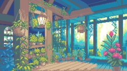  day flower forest hanging_lantern hanging_plant highres indoors interior nature original pixel_art plant potted_plant red_flower scenery shadow tomoruka_mr vines wooden_ceiling wooden_floor 