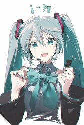 1girl :d aqua_bow aqua_eyes aqua_hair aqua_nails aqua_trim bare_shoulders black_sleeves bow collared_shirt commentary cropped_torso detached_sleeves frilled_shirt frills grey_shirt hair_between_eyes hair_ornament hands_up hatsune_miku headset highres holding holding_bow_(ornament) long_hair looking_at_viewer microphone open_mouth rella shirt sidelocks simple_background sleeveless sleeveless_shirt smile solo symbol-only_commentary tie_clip twintails upper_body vocaloid white_background wide_sleeves 
