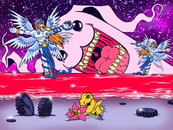  agumon angel digimon digimon_(creature) digimon_adventure flower highres looking_at_another monster_girl neon_genesis_evangelion palmon petals plant_girl sharp_teeth teeth the_end_of_evangelion thedumpzone tokomon 
