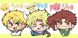  3boys :3 animalization battle_tendency blonde_hair blush_stickers caesar_anthonio_zeppeli cat chibi crossed_arms dio_brando earrings facial_mark fingerless_gloves gloves green_eyes headband highres jacket jewelry jojo_no_kimyou_na_bouken jojo_pose kakyoin_noriaki kakyoin_noriaki&#039;s_pose_(jojo) long_sleeves male_focus mole mole_on_ear motu705 multiple_boys necktie one_eye_closed open_mouth phantom_blood purple_eyes red_eyes red_hair scarf short_hair smile stardust_crusaders translation_request triangle triangle_facial_mark v-shaped_eyebrows vest winged_headwear 