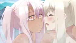  3girls animated anime_screenshot ass black_hair blonde_hair breasts chloe_von_einzbern dark-skinned_female dark_skin fate/kaleid_liner_prisma_illya fate_(series) female_focus french_kiss frottage hair_ornament hair_up hairclip illyasviel_von_einzbern kiss loli lying miyu_edelfelt multiple_girls nude on_ground onsen outdoors pink_hair red_eyes saliva saliva_trail side_ponytail sidelocks small_breasts sound steam subtitled video yellow_eyes yuri  rating:Explicit score:971 user:15taylorn