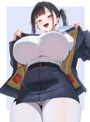  1girl :d absurdres annrichan belt black_belt black_hair black_jacket black_skirt blue_background blunt_bangs blush border breasts brown_eyes commentary_request condom_box cowboy_shot crotch_seam ear_piercing fang from_below goddess_of_victory:_nikke hands_up high-waist_skirt highres huge_breasts jacket long_hair long_sleeves looking_at_viewer looking_down miniskirt open_clothes open_jacket open_mouth opened_by_self outside_border panties panties_under_pantyhose pantyhose pencil_skirt piercing shirt shirt_tucked_in side_slit simple_background skirt smile solo sora_(nikke) standing teeth thigh_strap twintails underwear upper_teeth_only upskirt white_border white_pantyhose white_shirt 