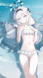  1girl absurdres bare_shoulders bikini black_hairband blue_archive blush breasts frilled_bikini frills grey_halo hairband halo highres himari_(blue_archive) looking_at_viewer navel partially_submerged pointy_ears purple_eyes small_breasts solo swimsuit usagi_(786113654) white_bikini white_hair white_halo 
