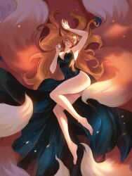  1girl absurdres animal_ears anklet breasts chaosringen cleavage cocktail_dress dress evening_gown fox_ears fox_girl fox_tail full_body highres jewelry kitsune kyuubi large_breasts large_tail long_hair looking_at_viewer lying multiple_tails on_back orange_eyes orange_hair original parted_lips red_hair side_slit sidelocks smile solo tail very_long_hair 