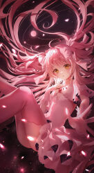  1girl absurdres ahoge blush cleavage_cutout clothing_cutout dress gloves gyom_i hair_ribbon highres kaname_madoka long_hair looking_at_viewer mahou_shoujo_madoka_magica mahou_shoujo_madoka_magica_(anime) open_mouth pink_hair pink_ribbon pink_thighhighs planet ribbon solo space thighhighs two_side_up ultimate_madoka white_dress white_gloves yellow_eyes 