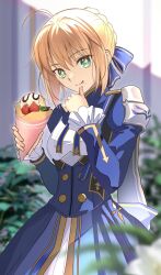  1girl ahoge artoria_pendragon_(fate) blonde_hair blue_dress blue_ribbon braid braided_bun dress fate/stay_night fate/unlimited_blade_works fate_(series) food green_eyes hair_bun highres holding holding_food holding_ice_cream honkai:_star_rail honkai_(series) ice_cream mishiro_(ixtlolton) parfait ribbon saber_(fate) saber_(honkai:_star_rail)_(fate) solo whipped_cream 