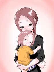 1boy 1girl breasts brown_eyes carrying child closed_eyes commentary_request forehead hair_tie hatomugi_(user_datj4345) highres karakai_jouzu_no_(moto)_takagi-san karakai_jouzu_no_takagi-san low_ponytail mother_and_daughter nishikata_chii ponytail shorts smile striped_clothes striped_shorts takagi-san rating:General score:19 user:danbooru