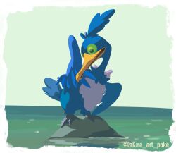 akira_(akira_art_poke) animal_focus bird border closed_mouth cramorant day full_body gen_8_pokemon green_eyes highres nintendo no_humans ocean outdoors pokemon pokemon_(creature) preening solo twitter_username water white_border
