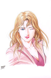  1980s_(style) 1girl artist_name blonde_hair blue_eyes breasts city_hunter cleavage coat female_focus highres houjou_tsukasa lipstick long_hair looking_at_viewer makeup official_art oldschool one_eye_closed parted_lips pink_coat pink_shirt red_lips retro_artstyle rosemary_moon shirt simple_background smile solo wavy_hair white_background wink 