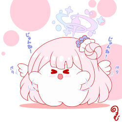  &gt;_&lt; :d afterimage blue_archive blue_flower blush chibi closed_eyes colored_shadow facing_viewer flower full_body hair_bun hair_flower hair_ornament halo highres kurukurumagical mika_(blue_archive) mini_wings open_mouth pink_hair shadow single_side_bun smile solo standing translation_request v-shaped_eyebrows white_background white_wings wings xd 