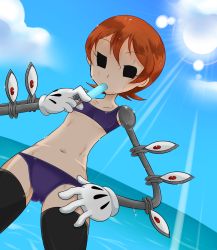  1girl animalorb_kirin animalorbkirin bikini black_thighhighs dutch_angle extra_eyes eye_socket female_focus flat_chest food gloves hand_on_own_hip highres ice_cream lens_flare mechanical_arms navel ocean orange_hair peacock_(skullgirls) popsicle purple_bikini red_eyes short_hair skullgirls solo sweat swimsuit tankini thighhighs white_gloves 