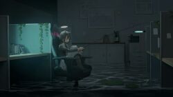  1girl absurdres animal_ears apron black_hair book book_stack cat_ears cat_girl chair coffee_maker cubicle fishing_rod highres indoors lily_pad maid maid_apron medium_hair night office office_chair printer swivel_chair water  rating:General score:3 user:DougDimmadome