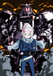  1girl barbara_(gundam) blue_eyes breasts closed_mouth colored_eyelashes commentary_request crossed_arms deux_murasame expressionless freckles grey_hair gunbuster_pose gundam gundam_gquuuuuux hair_bun highres long_sleeves mecha mecha_pilot_suit megakura_kinshi mobile_suit normal_suit_(gundam) plaid_clothes plaid_scarf psycho_gundam_(gquuuuuux) purple_pupils robot scarf science_fiction small_breasts solo updo v-fin white_eyelashes white_hair white_scarf 