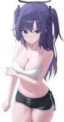  1girl absurdres arm_under_breasts blue_archive blue_eyes bra breasts dolphin_shorts drawstring highres long_hair looking_at_viewer medium_breasts navel purple_hair sei_(0724sei6) short_shorts shorts simple_background solo stomach two_side_up underwear very_long_hair white_background white_bra yuuka_(blue_archive) 