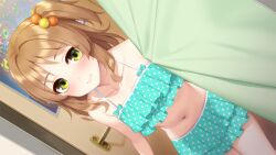  1girl bikini blush breasts brown_hair closed_mouth curtains feet_out_of_frame female_focus game_cg go-1 green_eyes groin hair_bobbles hair_ornament harukaze_nanoka highres homemaid_sweet_pea indoors legs light_blush looking_at_viewer midriff navel original side_ponytail small_breasts smile solo standing swimsuit thighs  rating:Sensitive score:20 user:Ynyswydryn
