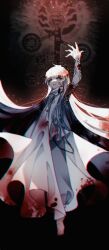  1boy absurdres adam_(project_moon) androgynous arm_up blood blood_on_clothes blood_on_face blurry_edges chromatic_aberration commentary floating highres lawrece light_particles lobotomy_corporation long_hair male_focus open_mouth project_moon sefirot solo tattoo tunic variant_set very_long_hair white_hair white_tunic yellow_eyes 