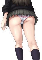 1girl ass black_sweater brown_hair cameltoe clothes_writing crotch_seam female_focus grey_skirt highres idolmaster idolmaster_cinderella_girls kezune_(i-_-i) kneehighs kneepits long_sleeves miniskirt out_of_frame panties panty_writing pleated_skirt print_panties pussy shibuya_rin simple_background skirt socks solo standing sweater trefoil underwear upskirt white_background rating:Questionable score:48 user:danbooru