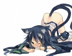  1girl alchemist_(ragnarok_online) alternate_color animal_ears blush bottomless cat_ears cat_girl commentary_request cum cum_in_mouth cum_on_body detached_sleeves dress facial green_eyes green_sleeves hair_between_eyes long_hair looking_at_viewer meiko_(nattu303) open_mouth ragnarok_online simple_background solo top-down_bottom-up very_long_hair white_background white_dress 