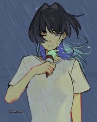  1girl artist_name bare_arms black_hair blue_hair bra breasts commentary english_commentary grey_eyes hair_intakes holding holding_ice_cream_cone hololive hololive_english ice_cream_cone large_breasts long_hair multicolored_hair one_eye_closed ouro_kronii parted_lips pomuya rain see-through_clothes see-through_shirt shirt short_sleeves solo t-shirt twitter_username two-tone_hair underwear upper_body virtual_youtuber water_drop wet wet_clothes wet_hair wet_shirt white_shirt wince wind 