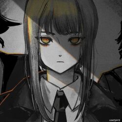  1girl 2others artist_name black_necktie blunt_bangs chainsaw_man closed_mouth collared_shirt expressionless grey_background jacket long_hair long_sleeves looking_at_viewer makima_(chainsaw_man) monochrome multiple_others necktie original portrait ringed_eyes shirt signature simple_background sketch solo upper_body usergore white_shirt yellow_eyes 