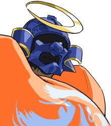  1boy armor bengus capcom game_cg geta helmet highres japanese_armor kabuto_(helmet) male_focus mask menpoo non-web_source official_art one_eye_in_shadow portrait shikoro sideways_glance simple_background smile sodom solo street_fighter street_fighter_zero_(series) teeth upper_body white_background 