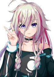  1girl ahoge bare_shoulders black_shirt blonde_hair blue_eyes braid cevio expressionless hair_between_eyes highres ia_(vocaloid) iada3229 long_hair looking_at_viewer multicolored_hair off-shoulder_shirt off_shoulder pink_hair shirt simple_background solo streaked_hair twin_braids upper_body v vocaloid white_background 