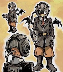  1boy arm_cannon belt black_boots black_wings boots child claus_(mother_3) collared_shirt cyborg entouragelvr75 from_behind full_body gloves green_eyes helmet highres jacket male_focus masked_man_(mother_3) mechanical_arms mother_(series) mother_3 multiple_views necktie nintendo one-eyed orange_hair orange_pants outline pants shirt simple_background single_mechanical_arm solo suit_jacket weapon white_gloves white_outline wings yellow_background 