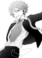  1boy akehoshi_subaru chain chain_necklace cowboy_shot ensemble_stars! greyscale hair_between_eyes highres jacket jewelry long_sleeves maki_keigo male_focus monochrome multiple_girls necklace one_eye_closed open_clothes open_jacket outstretched_arm partially_unbuttoned pink_hair short_hair simple_background smile solo white_background 