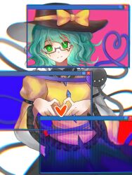  1girl bespectacled black-framed_eyewear black_hat boombi bow bright_pupils buttons closed_mouth cowboy_shot diamond_button frilled_shirt frilled_shirt_collar frilled_sleeves frills glasses green_eyes green_hair hat hat_bow hat_ribbon heart heart_hands heart_of_string highres komeiji_koishi long_sleeves looking_at_viewer ribbon semi-rimless_eyewear shirt short_hair skirt smile solo teardrop-framed_glasses third_eye touhou under-rim_eyewear white_pupils wide_sleeves window_(computing) yellow_bow yellow_ribbon yellow_shirt 