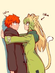  1boy 1girl ahoge animal_ear_fluff animal_ears atalanta_(fate) blonde_hair blush brown_coat cat_ears cat_girl cat_tail closed_mouth coat commentary derivative_work emiya-san_chi_no_kyou_no_gohan emiya_shirou english_commentary fate/apocrypha fate/stay_night fate_(series) green_coat green_eyes green_hair height highres kabedon long_hair looking_at_another multicolored_hair pen-pen_arts pocket red_hair tail two-tone_hair yellow_background yellow_eyes 