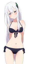  1girl absurdres arms_behind_back bikini black_bikini blush breasts breasts_apart butterfly_hair_ornament closed_mouth colored_eyelashes commentary_request echidna_(re:zero) front-tie_bikini_top front-tie_top hair_between_eyes hair_ornament highres long_hair looking_at_viewer medium_breasts na-suke navel re:zero_kara_hajimeru_isekai_seikatsu side-tie_bikini_bottom simple_background smile solo stomach swimsuit thighs white_background white_eyelashes white_hair 