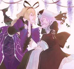  2girls absurdres alternate_costume artist_collaboration black_corset black_ribbon blonde_hair breasts brooch bug butterfly cleavage closed_eyes closed_mouth commentary_request corset dress flower from_side gap_(touhou) gown hair_ribbon hanaya_(fleur) hat highres insect invisible_chair jewelry juliet_sleeves koumajou_densetsu koumajou_densetsu_2 light_smile long_hair long_sleeves looking_at_another multiple_girls own_hands_together partial_commentary pink_hair profile puffy_sleeves purple_dress purple_flower ribbon saigyouji_yuyuko sitting touhou triangular_headpiece very_long_hair white_ribbon wide_sleeves wisteria yakumo_yukari yuri yuuren_kyouko 