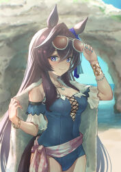  1girl :3 alternate_costume alternate_hairstyle animal_ears beach beruu blush breasts brown_hair closed_mouth collarbone commentary_request eyewear_on_head fingernails highres horse_ears horse_girl horse_tail jewelry long_hair looking_at_viewer medium_breasts mole mole_under_eye necklace ocean purple_eyes swimsuit tail towel umamusume vivlos_(umamusume) 