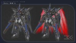  absurdres beam_rifle black_knight_squad_shi-ve.a commentary comparison energy_gun energy_sword english_commentary fusion glowing glowing_eye gun gundam gundam_seed gundam_seed_freedom highres holding holding_gun holding_shield holding_weapon javanese_commentary mechaklear mechanical_wings no_humans red_eyes rising_freedom_gundam shield sword v-fin weapon wings wings_of_light 