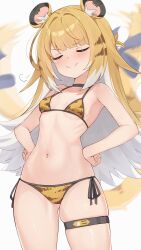  1girl absurdres animal_ears animal_print bare_shoulders bikini bitseon black_choker blonde_hair blunt_bangs blush breasts choker closed_eyes closed_mouth hands_on_own_hips highres ju_fufu loli long_hair micro_bikini multicolored_hair navel side-tie_bikini_bottom simple_background small_breasts smile smug solo standing stomach swimsuit tail thigh_strap tiger_ears tiger_girl tiger_print two-tone_hair very_long_hair white_background white_hair zenless_zone_zero  rating:Sensitive score:52 user:danbooru