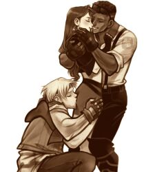  1girl 2boys adam_hunter axel_stone blaze_fielding boots earrings face_in_ass fingerless_gloves gloves hands_on_another&#039;s_face highres hug jacket jewelry multiple_boys sega shirt skirt streets_of_rage streets_of_rage_4 suspenders 