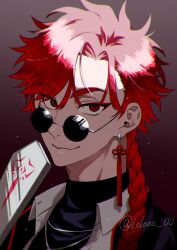  1boy black_jacket black_shirt braid braided_ponytail closed_mouth collared_shirt earrings folded_fan folding_fan gradient_background hand_fan highres holding holding_fan jacket jewelry leleee_00 light_particles long_hair looking_at_viewer male_focus necklace portrait red_background red_eyes red_hair round_eyewear shade shiguang_dailiren shirt single_braid smile solo sunglasses tassel tassel_earrings turtleneck twitter_username upper_body white_shirt xiao_weiying 